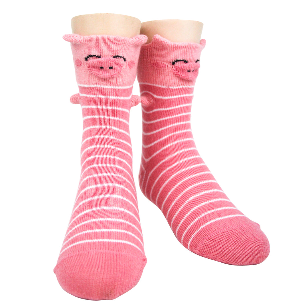 Kids' 3D pig crew socks in pink stripes, worn front view showing pop-out pig face with ears and snout