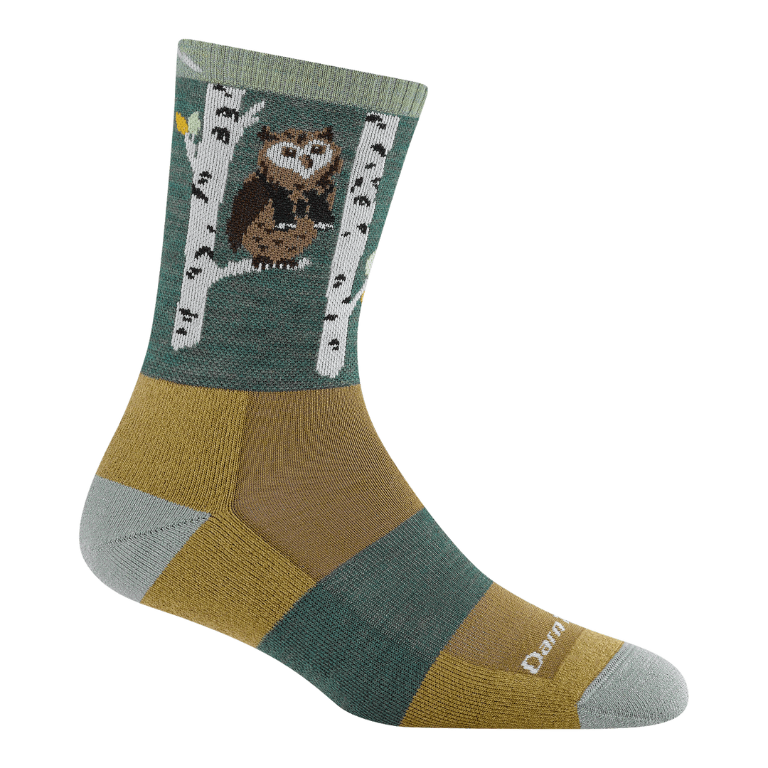 Owl Green micro crew hiking sock with owl graphic on the leg