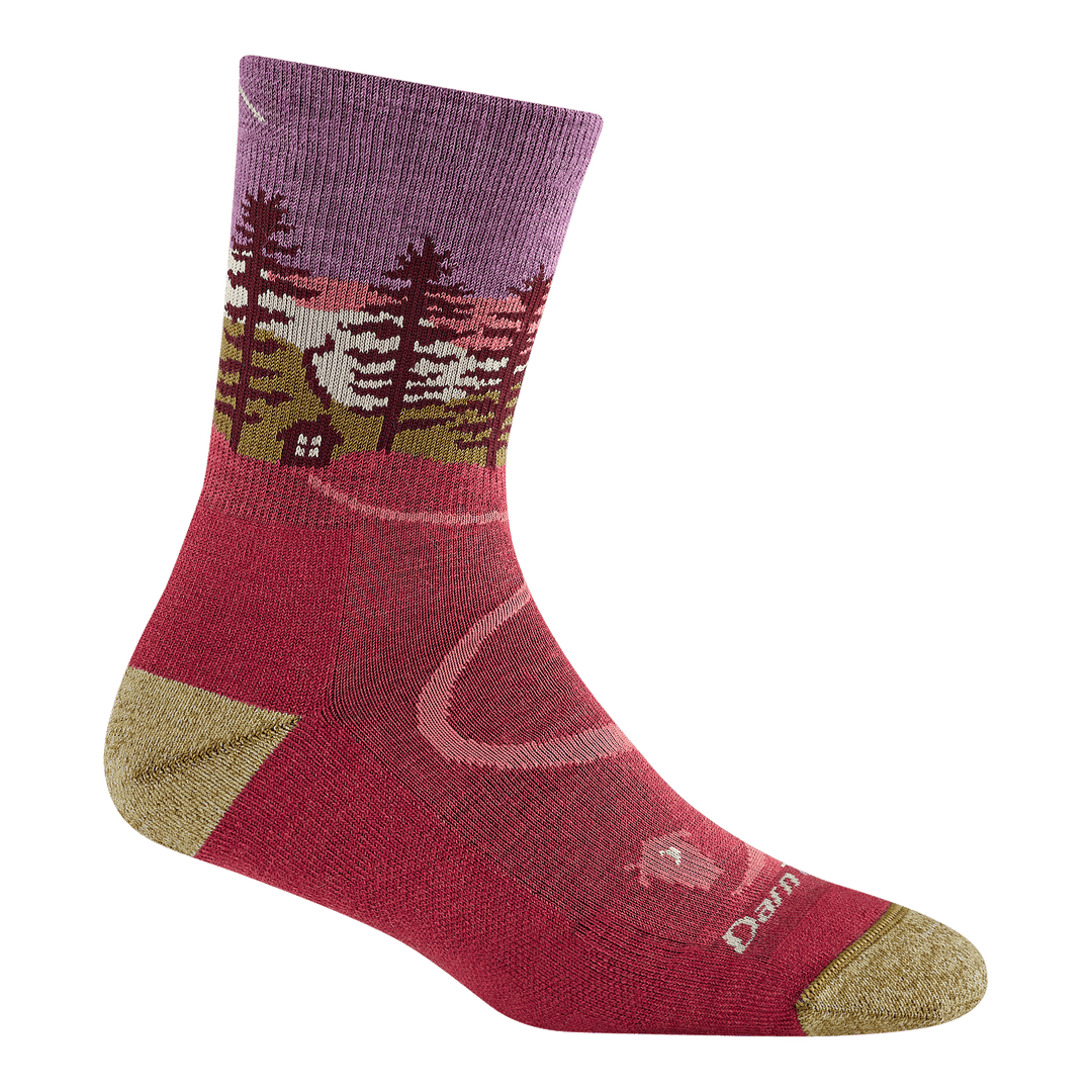 Women's Northwoods cabin and pine micro crew sock in cranberry red, flat side view