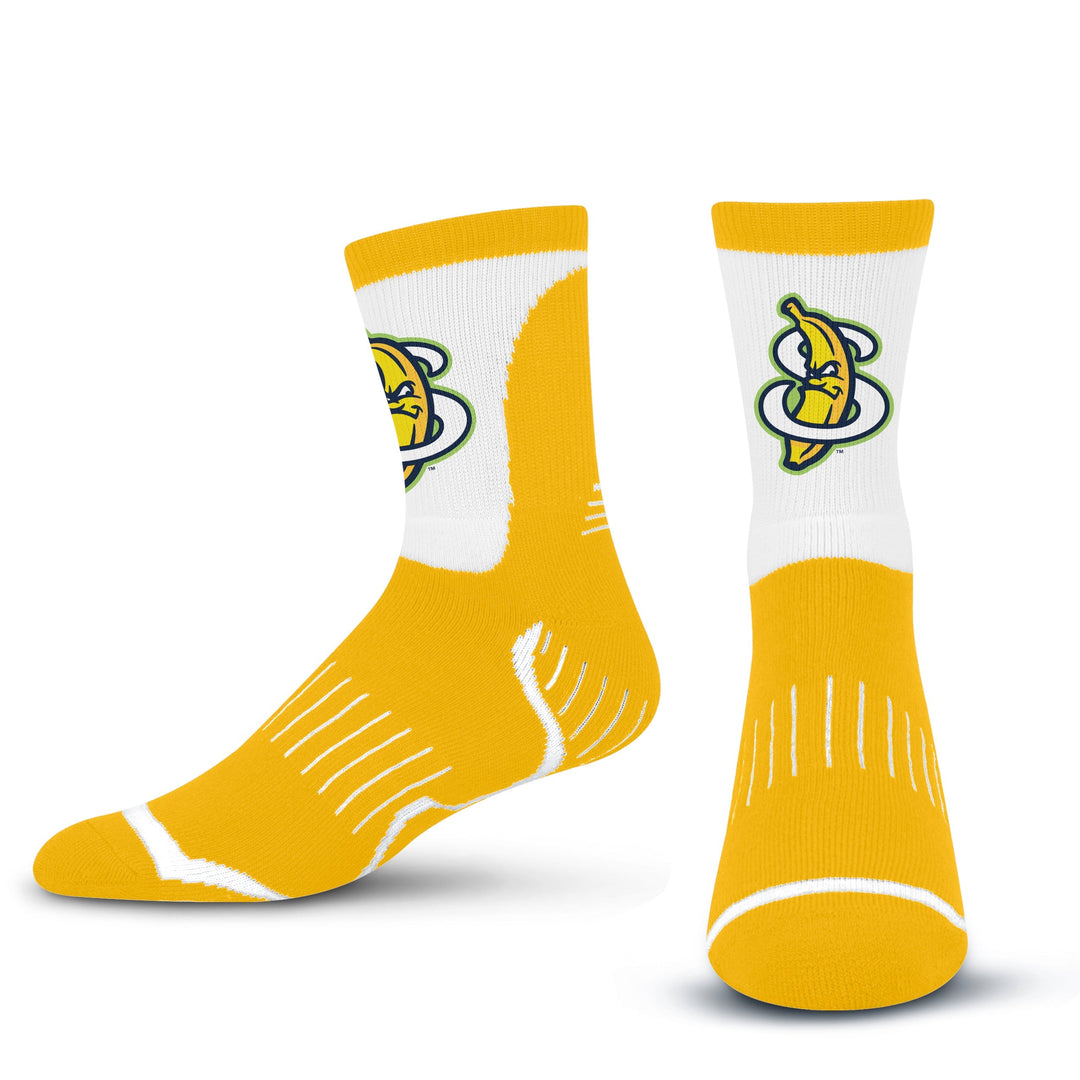 Savannah Bananas Logo Surge unisex crew socks featuring yellow banana logo on black background