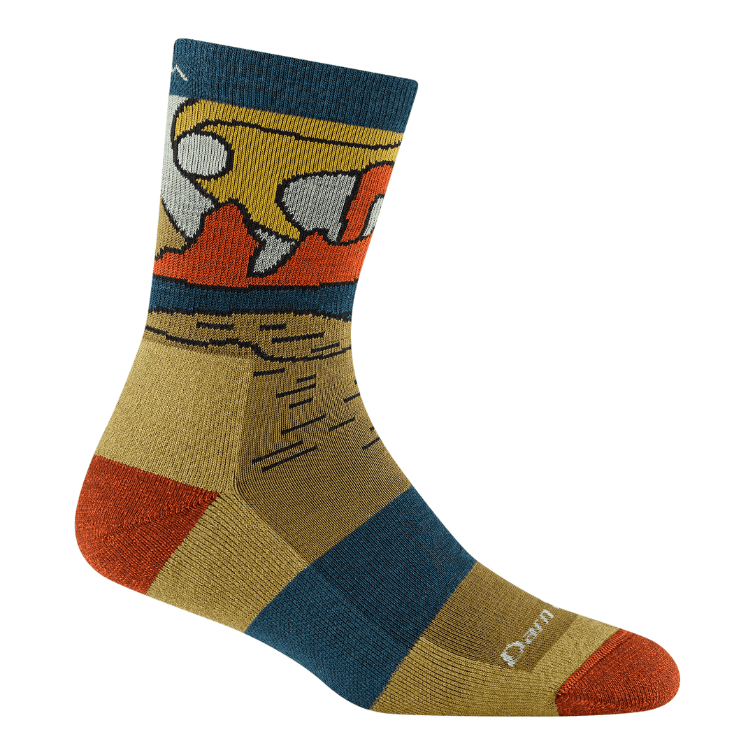 Women's bison micro crew sock with golden buffalo on tan and rust, flat side view