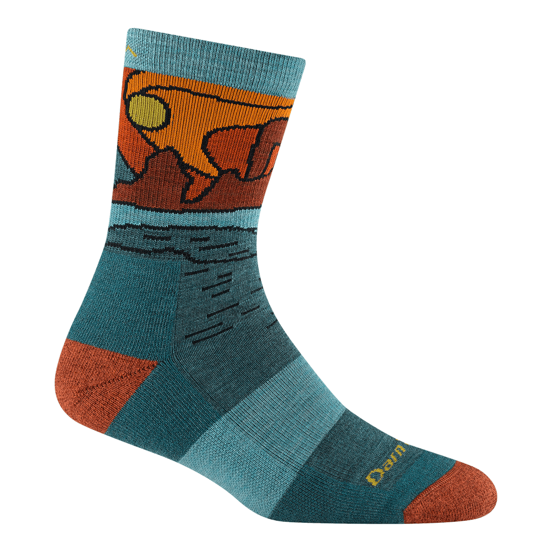Women's bison sunset micro crew sock in teal and orange, flat side view