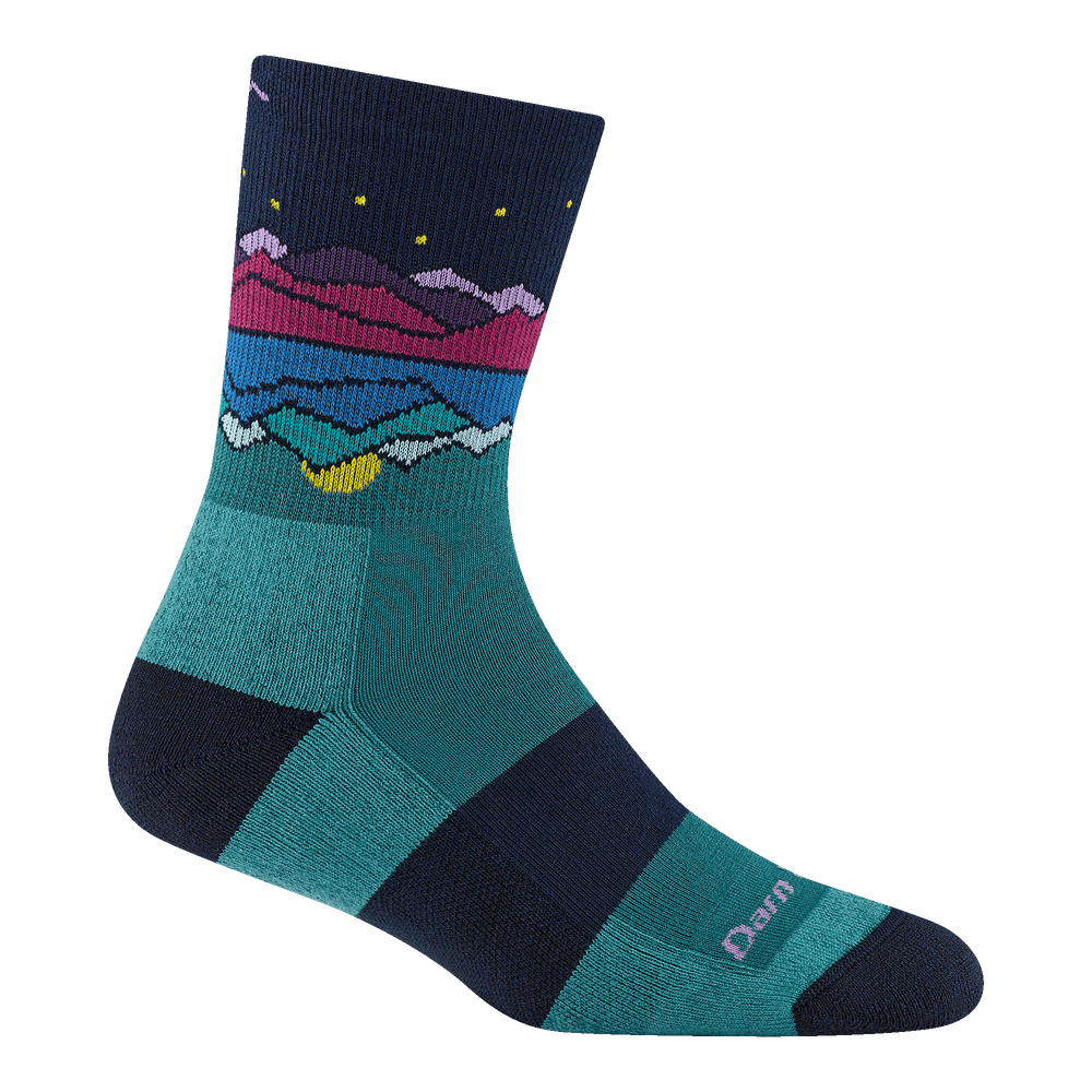 Women's teal mountain micro crew socks - reverse view showing black heel and toe with teal color blocking