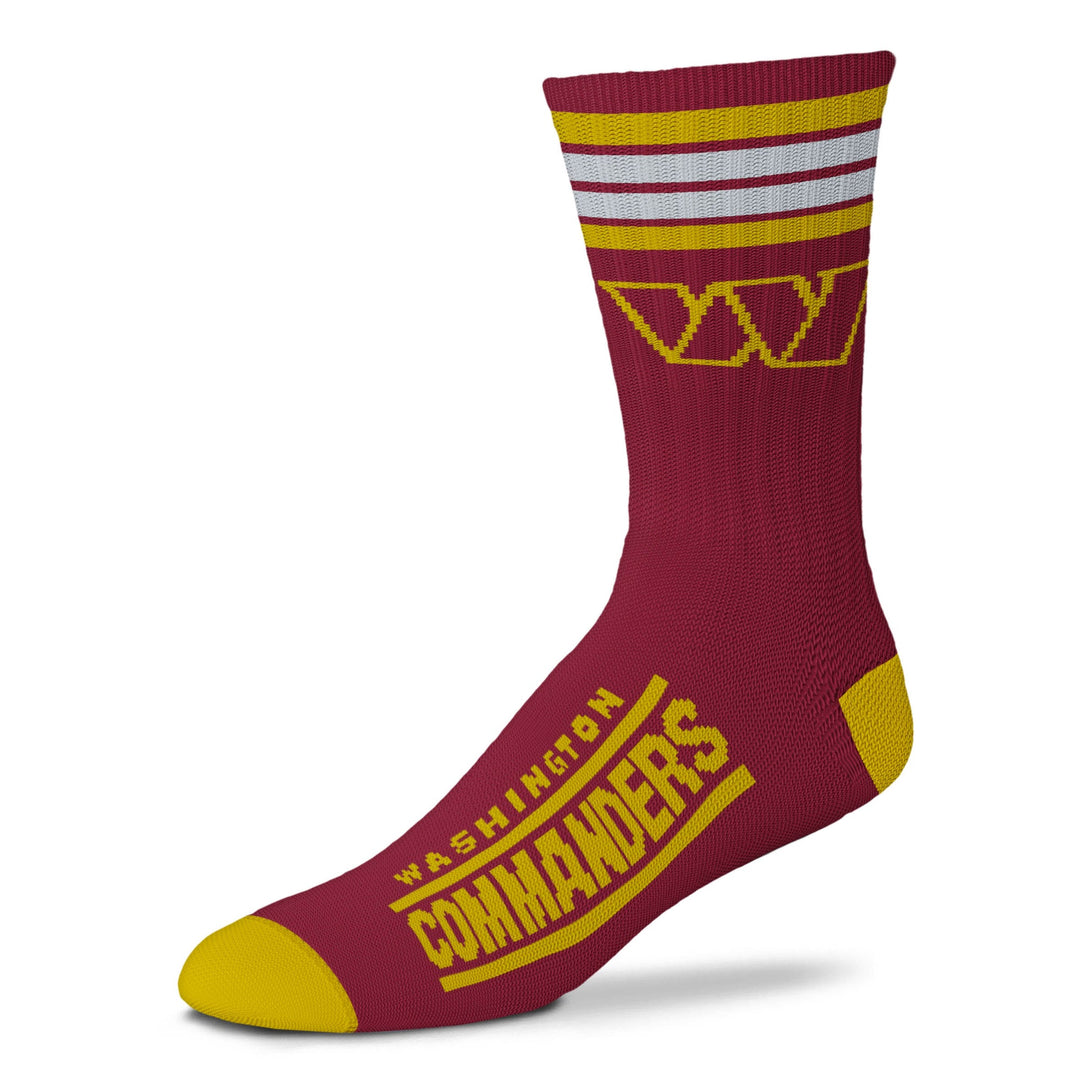 Women's Washington Commanders NFL crew socks in burgundy and gold, flat view showing W logo, stripes and team name