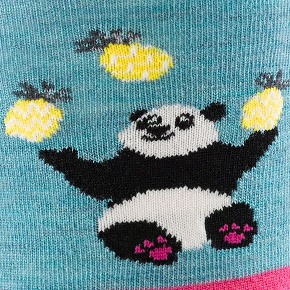 Women's hula-hooping panda crew sock, close-up of panda design