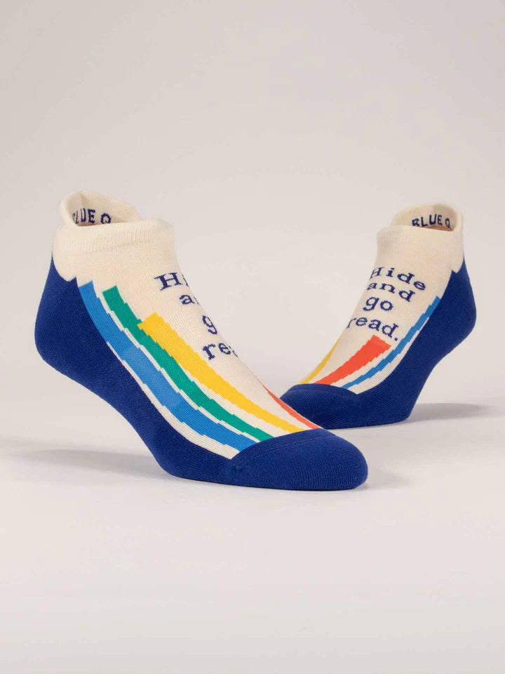 Women's Hide and go read sneaker socks, flat pair view with book stripes