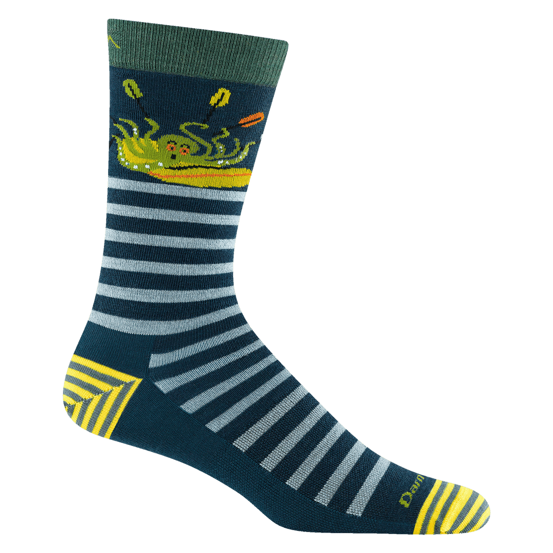 Men's octopus sea monster crew sock in teal with navy stripes, flat side view