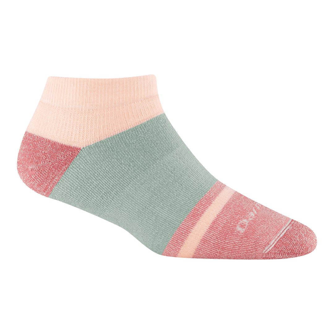 Women's colorblock no show sock in green, peach and rose, flat side view