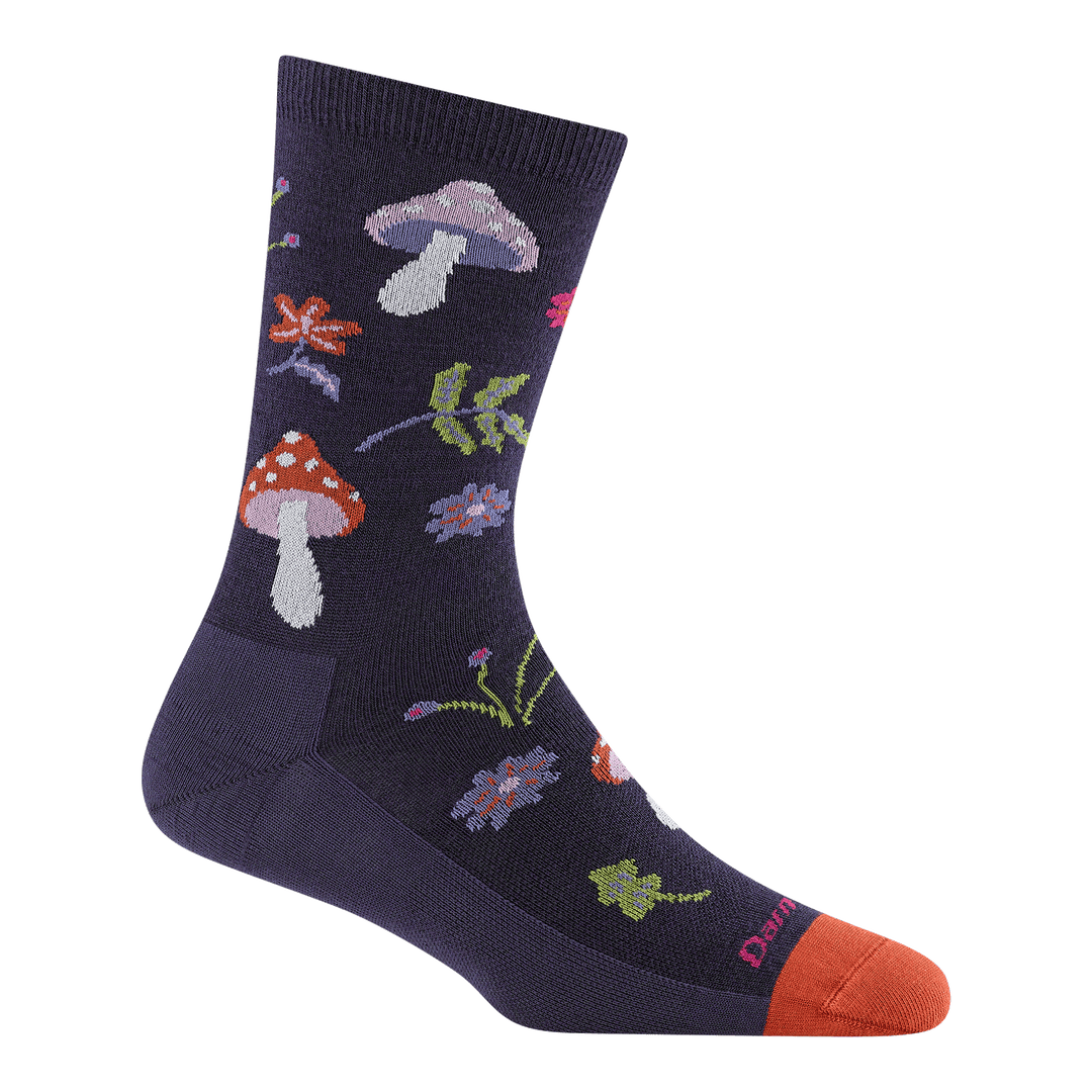 Blackberry Shroom Bloom crew sock with mushrooms, leaves, and flowers
