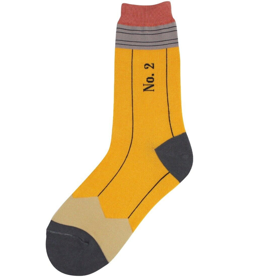 Women's No. 2 pencil crew sock in yellow with pink eraser cuff, flat view