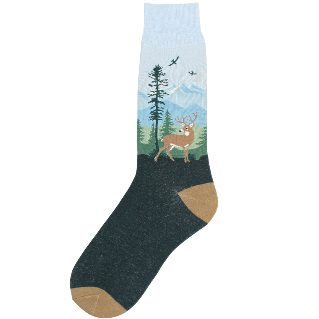 Men's deer crew socks in green and blue, flat view showing a buck among pine trees and mountains