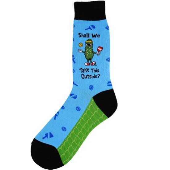 Men's pickleball crew socks with a pickle holding a paddle on blue, flat product shot
