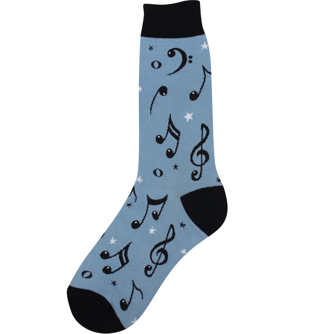 Men's music note crew socks with musical notes on muted blue, flat product shot