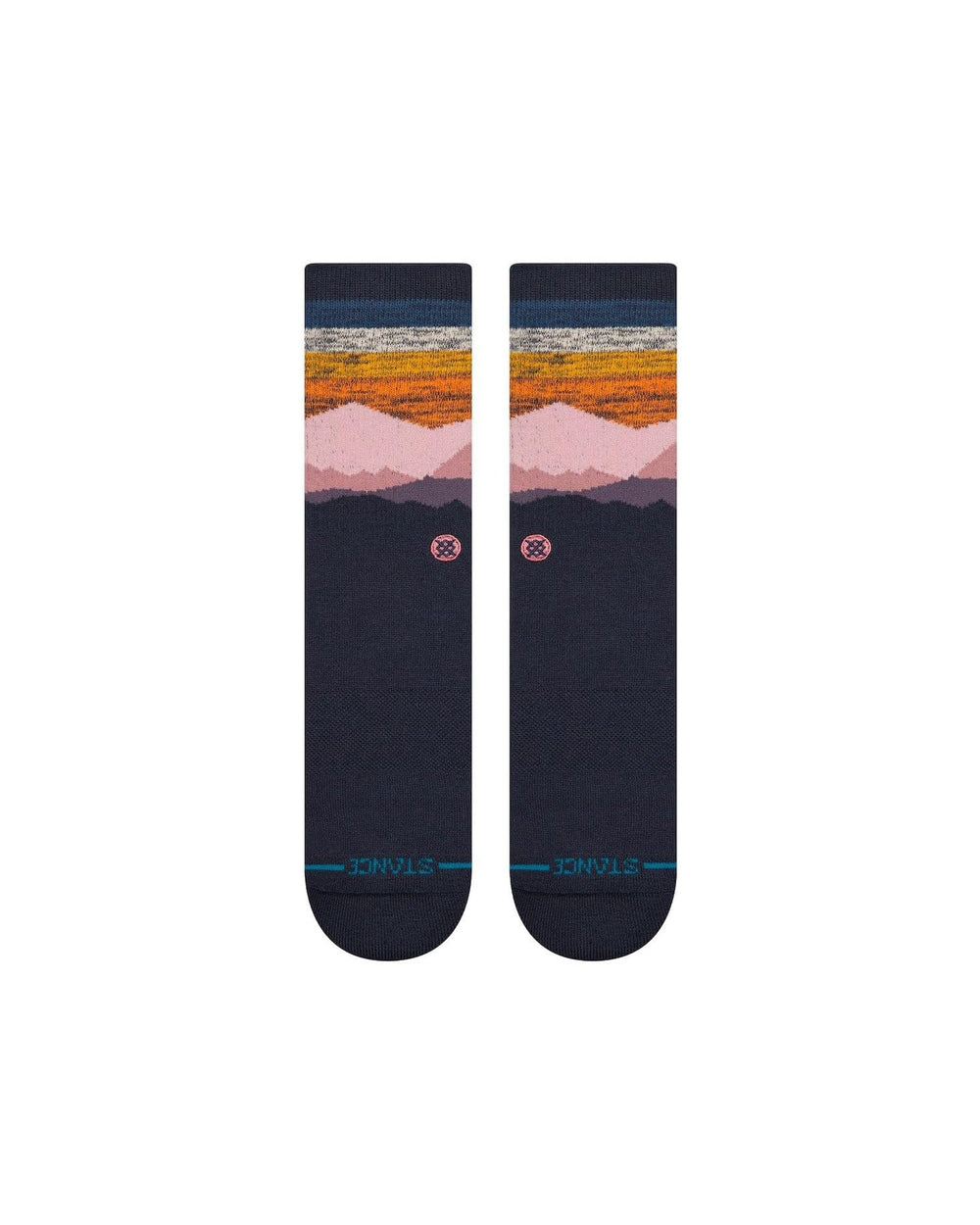 Men's Saddleback striped crew socks, flat back view showing layered sunset stripes