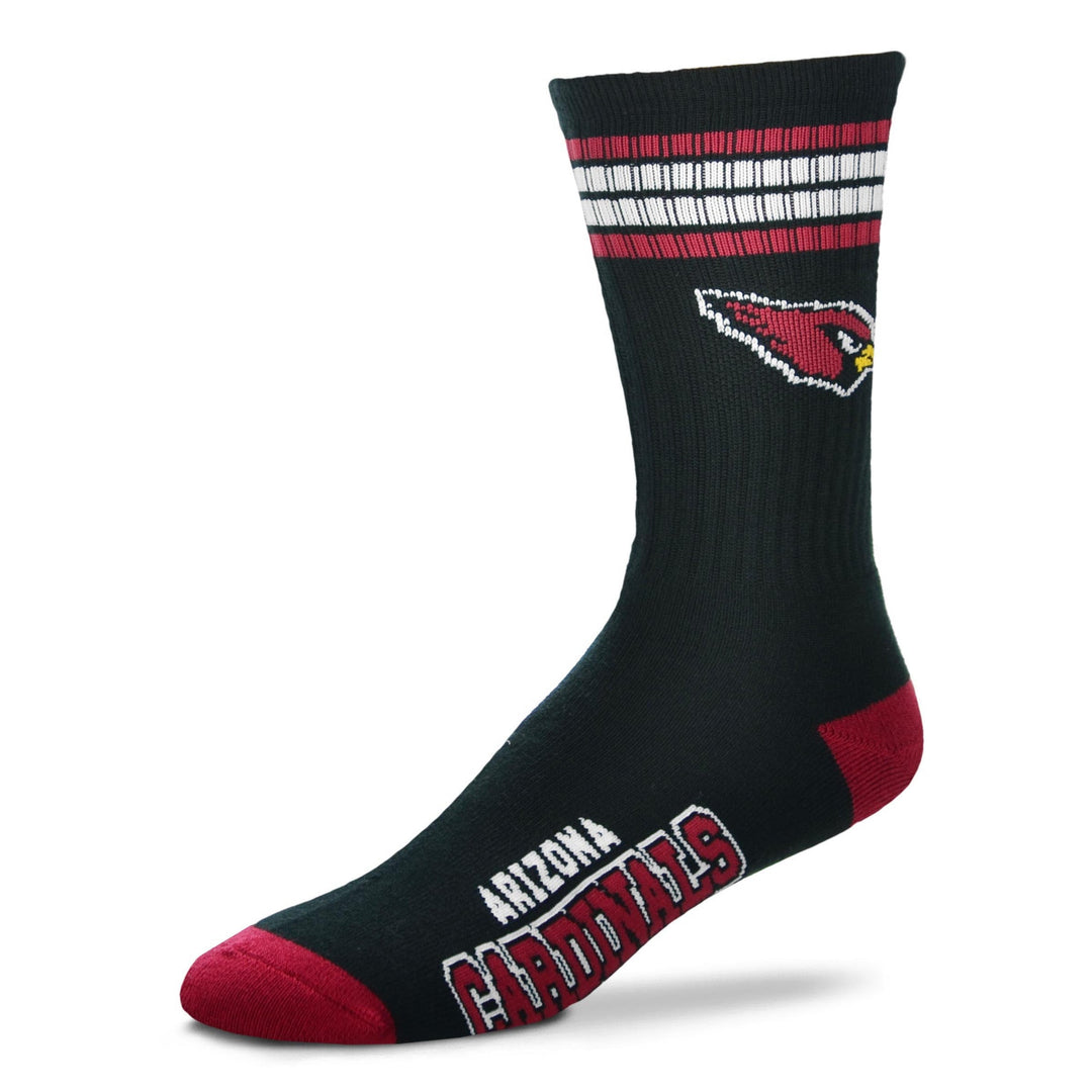 Men's black Arizona Cardinals crew sock with red stripes and cardinal logo, single sock side view