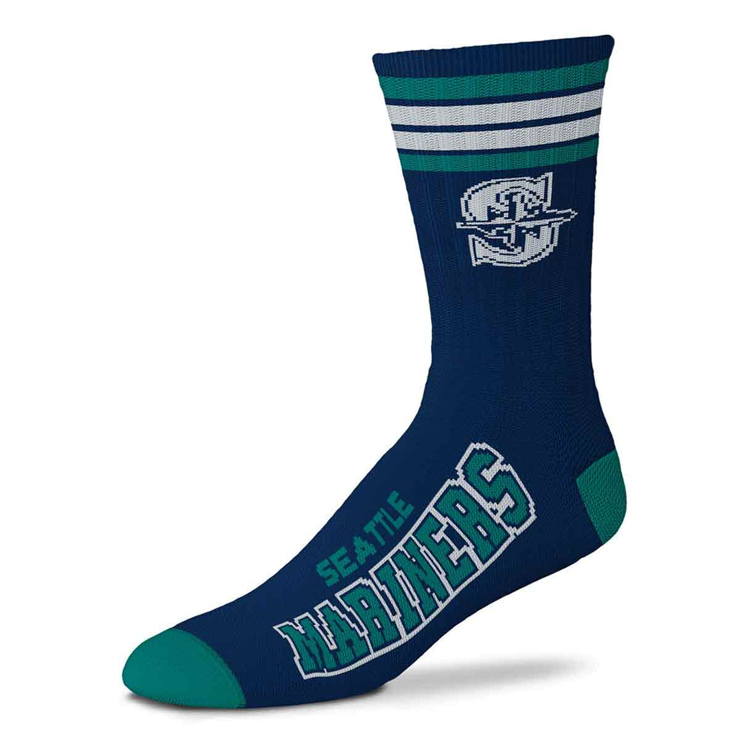 Kids' Seattle Mariners crew socks in navy and teal with logo and wordmark, single sock