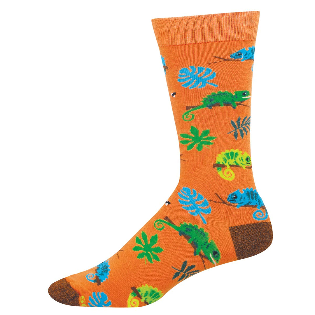 Orange sock with green and blue chameleon pattern