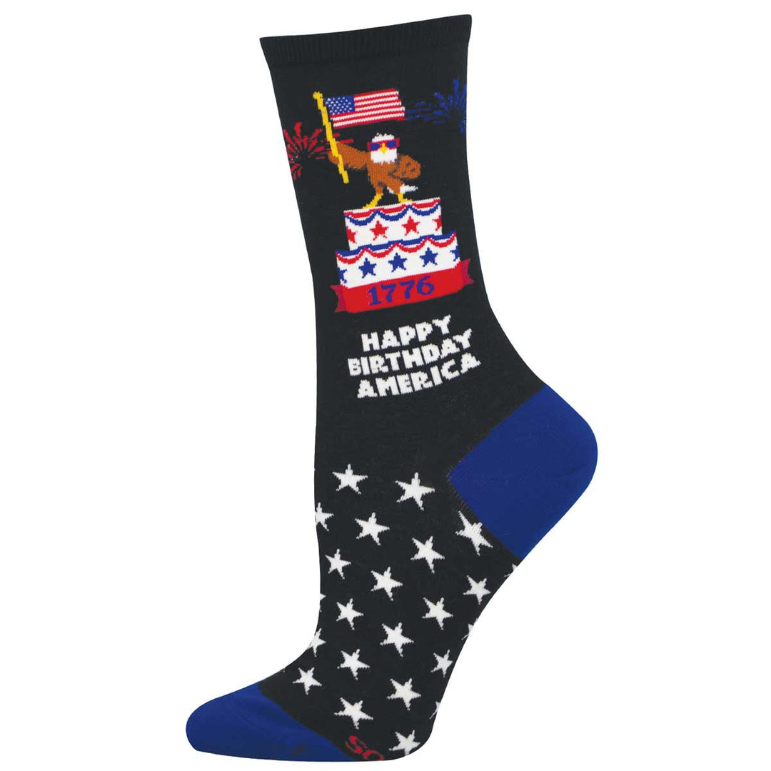 Black women's crew socks with eagle on birthday cake holding American flag design