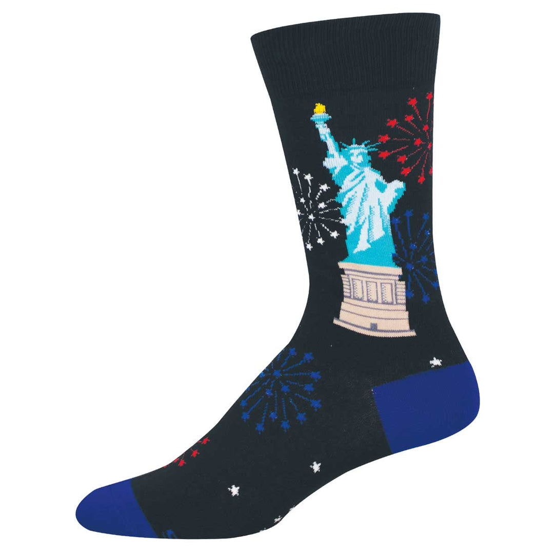 Black men's crew socks with Statue of Liberty and fireworks design on white background