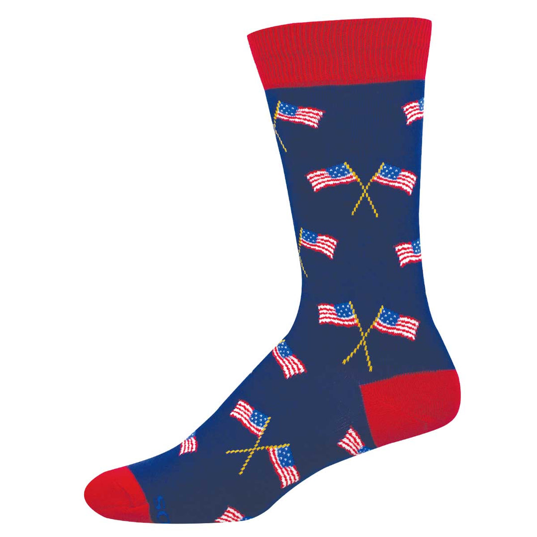 Navy men's crew socks with overlapping waving American flags on white background