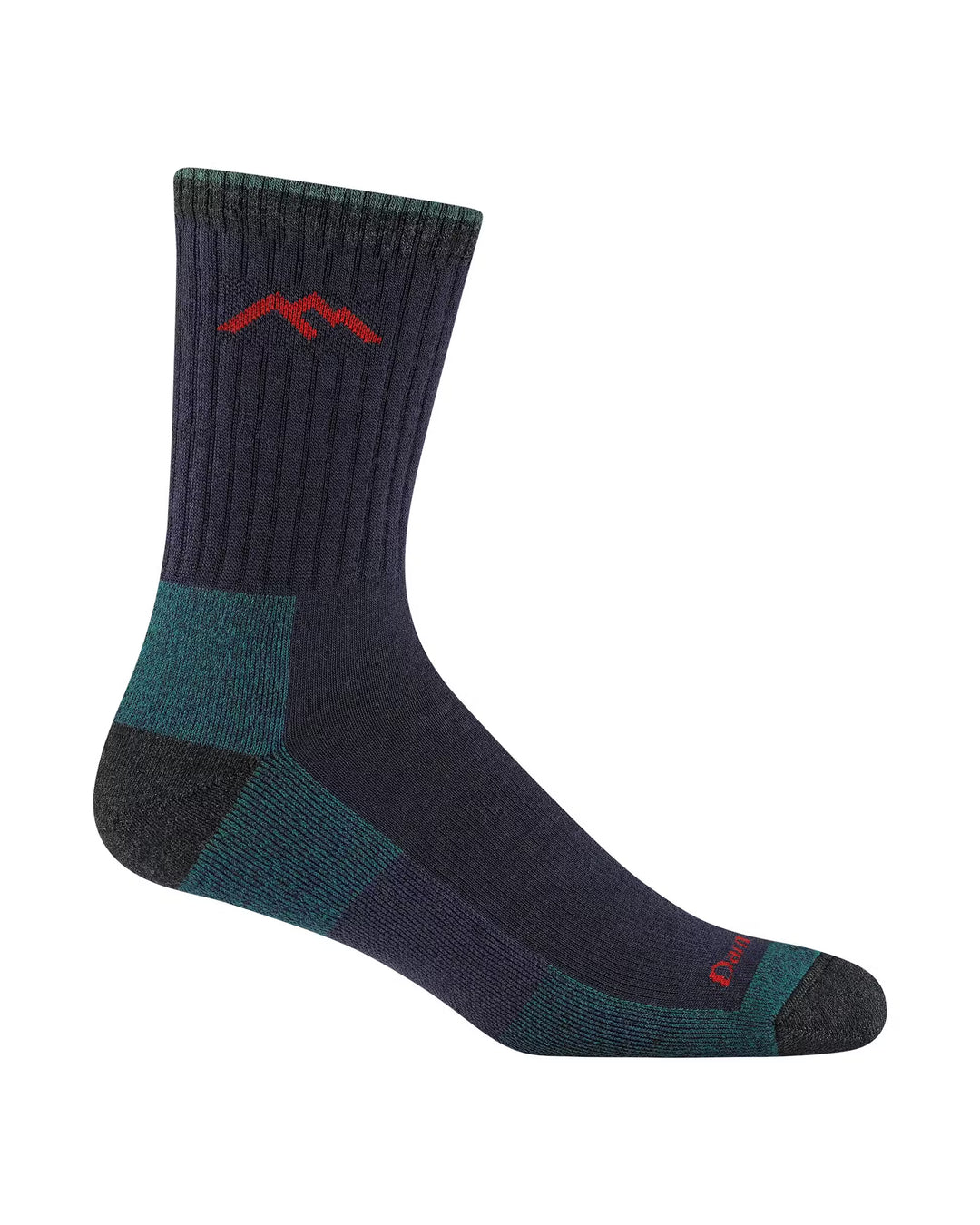 Men's blackberry micro crew hiking socks with pine, bear and mountain pattern, flat side view