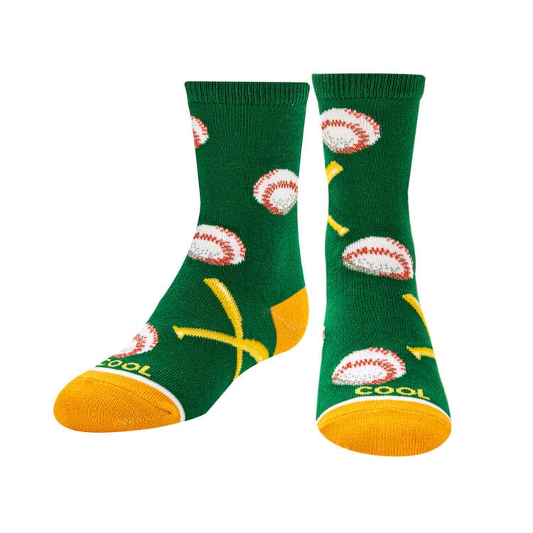 Kids' baseball crew socks flat showing crossed bats and COOL toe