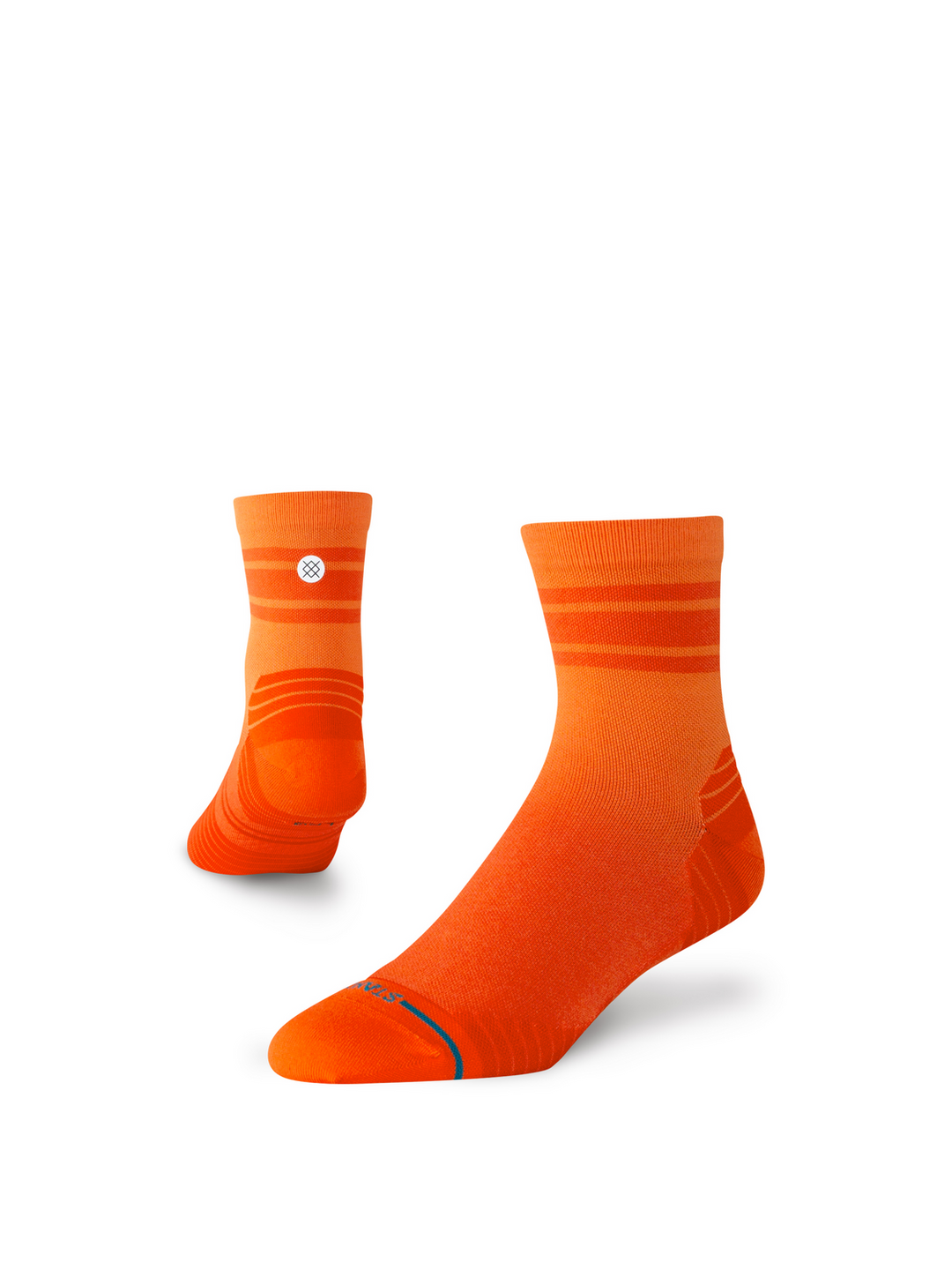 Women's orange sunset quarter socks, angled product shot of a pair showing the orange-to-red fade and striped cuff