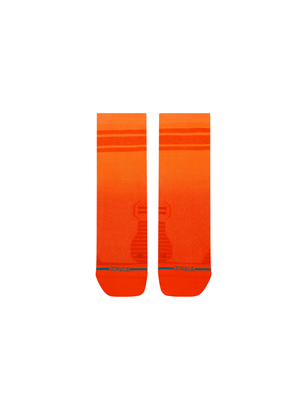 Women's orange sunset quarter socks, flat front view of the top of the foot fading from orange to red-orange