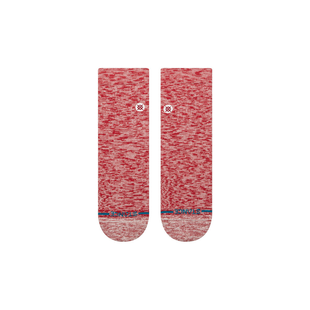 Women's Slub quarter socks in marled red, flat front view showing white oval Stance logo patch and blue line above the toe