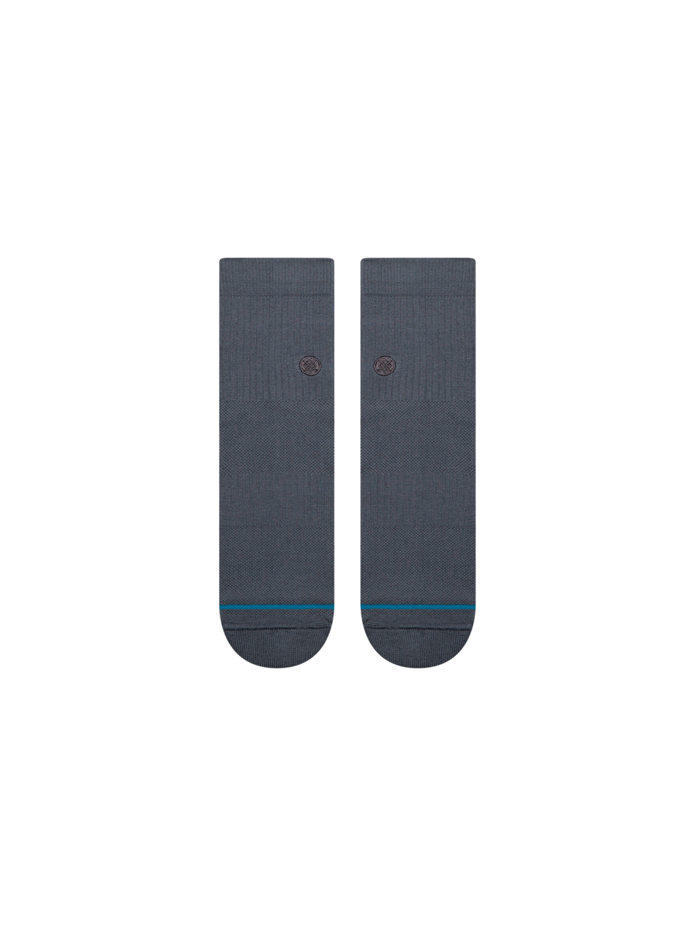 Women's Signature quarter socks in slate gray, flat front view showing tonal logo dot and teal line above the toe