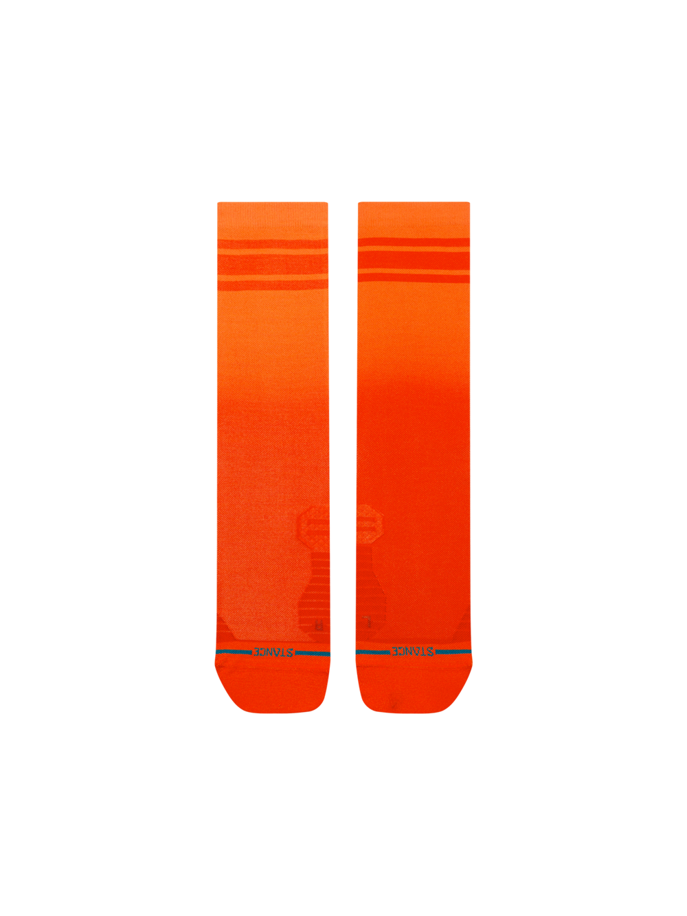 Men's orange sunset crew socks, flat front view of the top of the foot fading from orange to red-orange