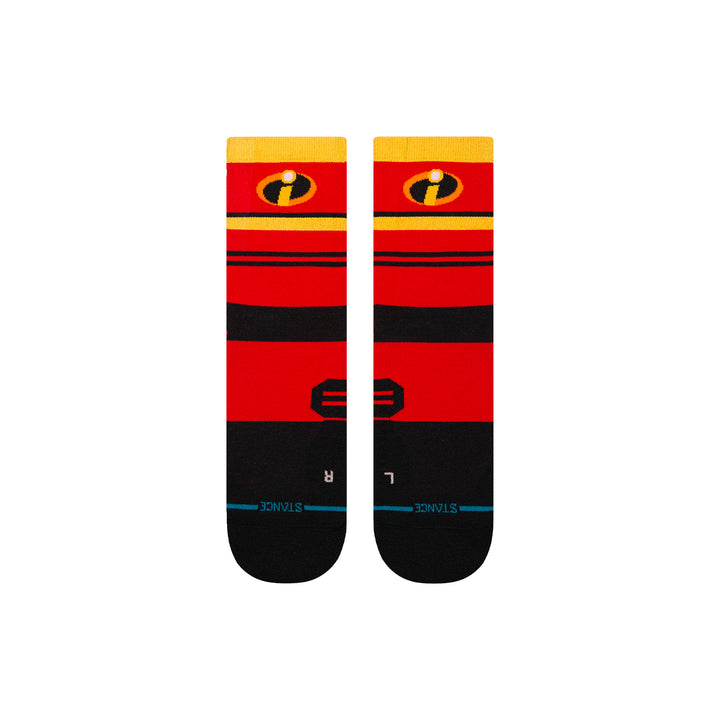 Men's Incredibles crew socks, flat view with emblem and stripes on cuff