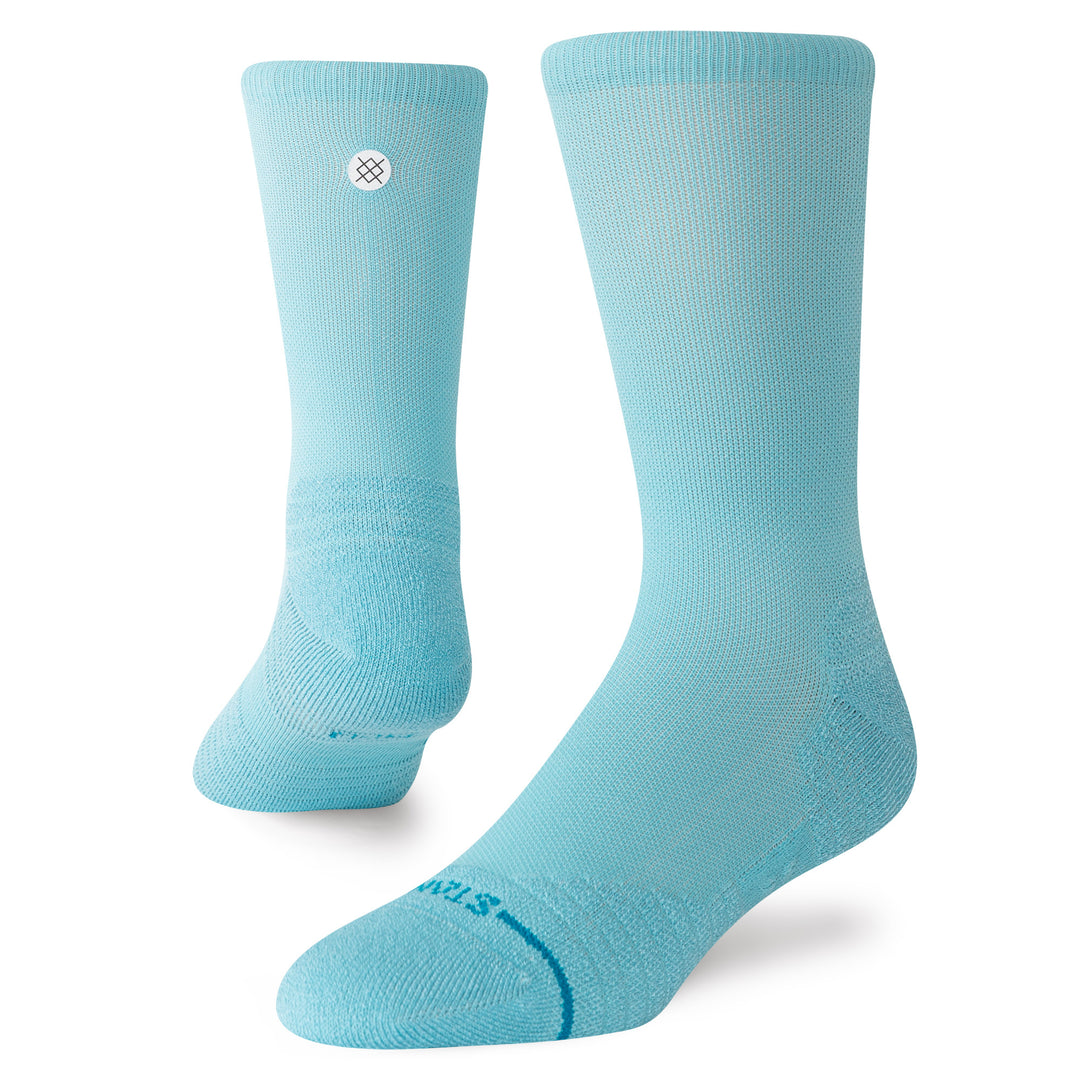 Women's teal performance crew socks, flat front view