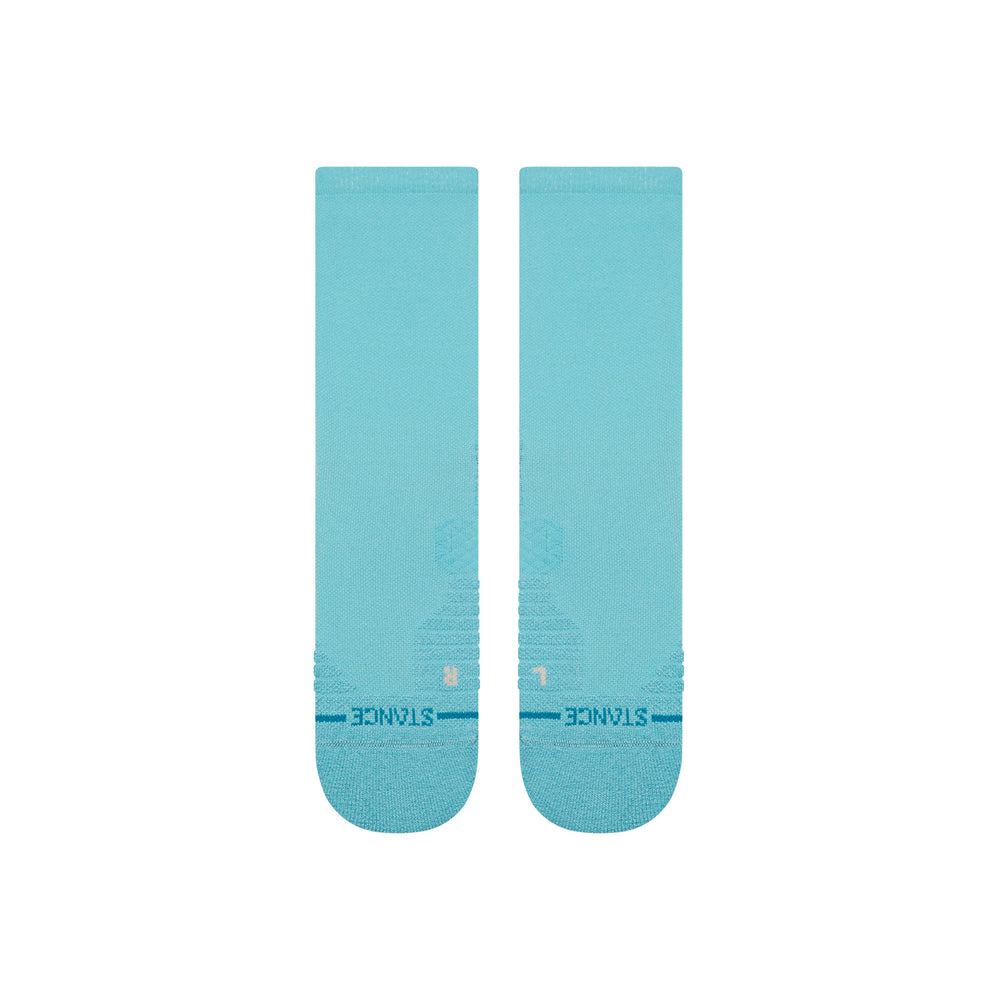 Men's teal performance crew socks, flat back view