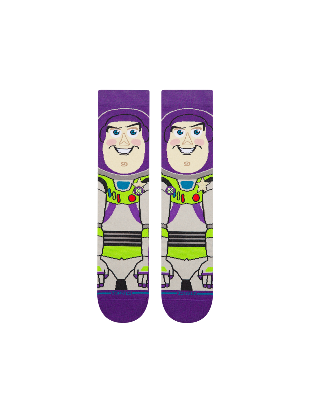 Women's Buzz Lightyear crew socks, flat front view showing purple helmet, grinning face, and green and white suit with red buttons