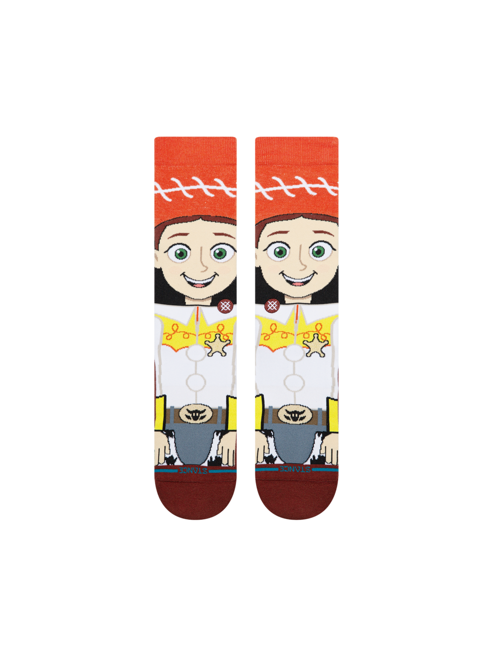 Women's Jessie crew socks, flat front view showing red cowboy hat, freckled face, yellow shirt and cow-print chaps