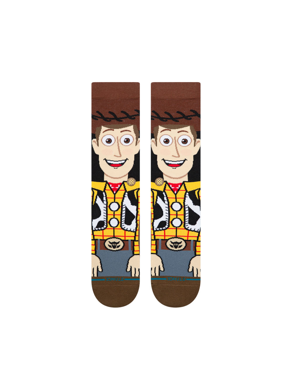 Men's Woody crew socks, flat front view showing brown cowboy hat, grin, red bandana, yellow plaid shirt and cowhide vest