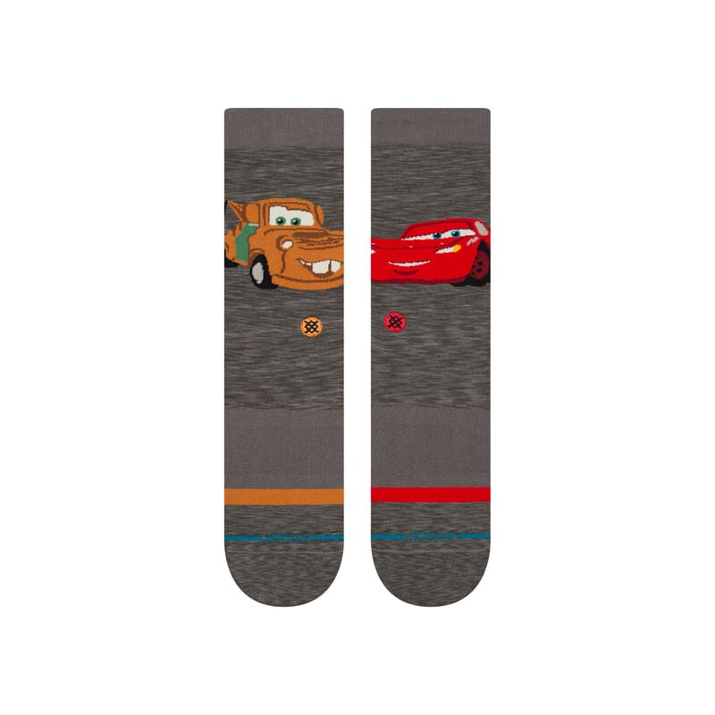 Women's Cars crew socks flat lay, top-down view of both characters