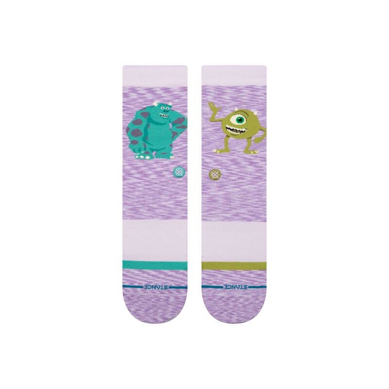 Women's Monsters Inc. crew socks flat lay, top-down view of both characters