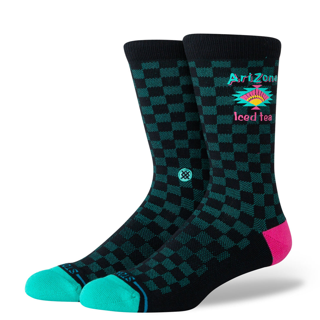 Black Arizona Iced Tea crew socks front view