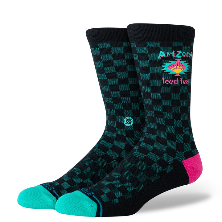 Black Arizona Iced Tea crew socks front view