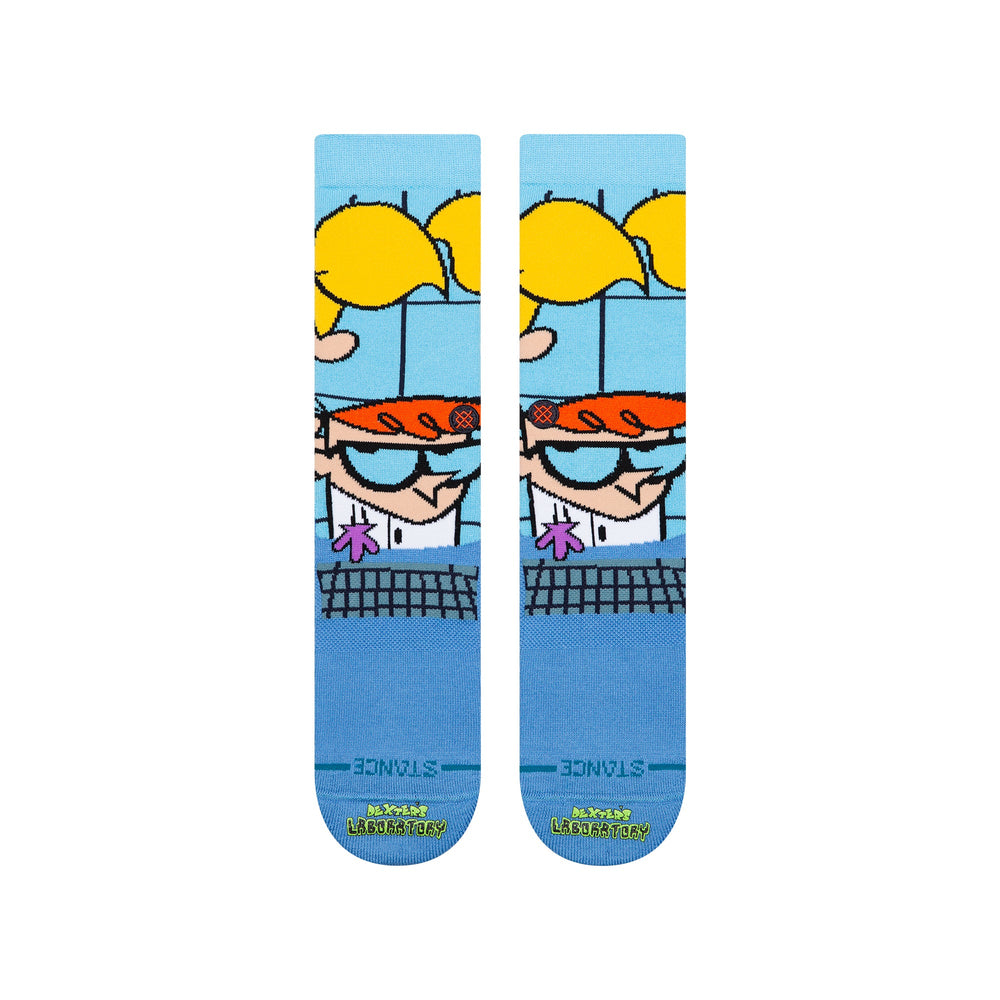 Men's Dexter's Laboratory crew socks, flat front view showing Dexter with orange hair and purple goggles against pale blue lab tile