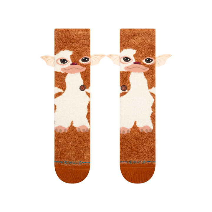 Men's Gizmo crew socks, flat front view showing Gizmo's big dark eyes, cream chest and oversized ears sticking out at the sides
