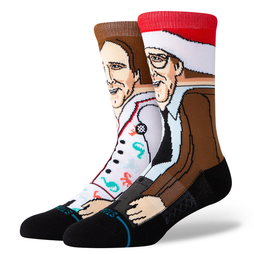 Women's Griswold Christmas Vacation crew socks shown on mannequin feet, worn view