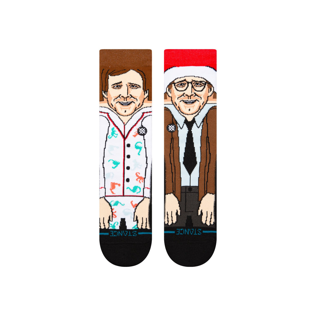 Women's Christmas Vacation crew socks showing Clark Griswold and Cousin Eddie, flat lay pair