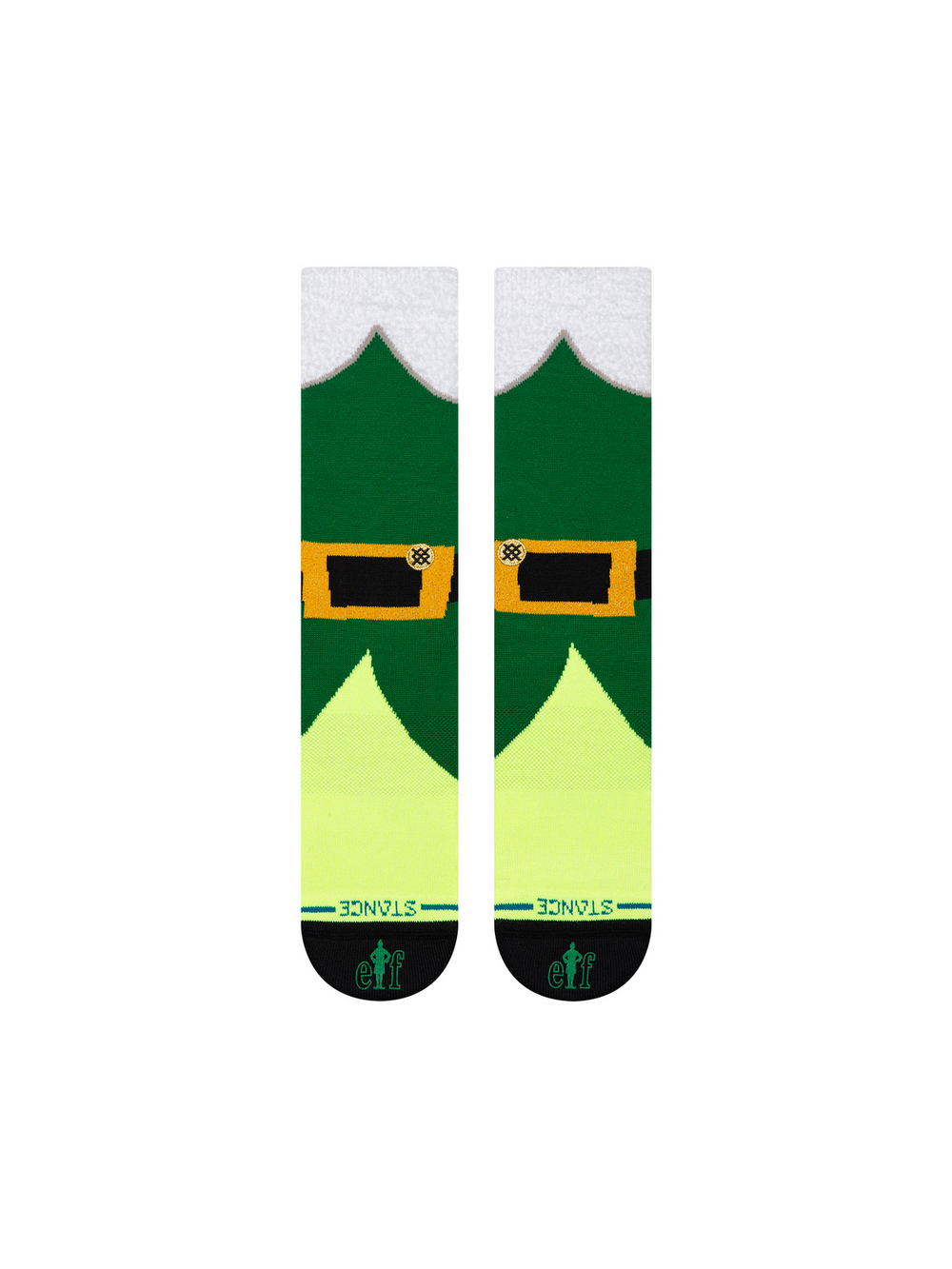 Women's Not A Costume crew socks in green elf suit design with fur cuff, black belt, gold buckle, and yellow tights, flat front view of the pair