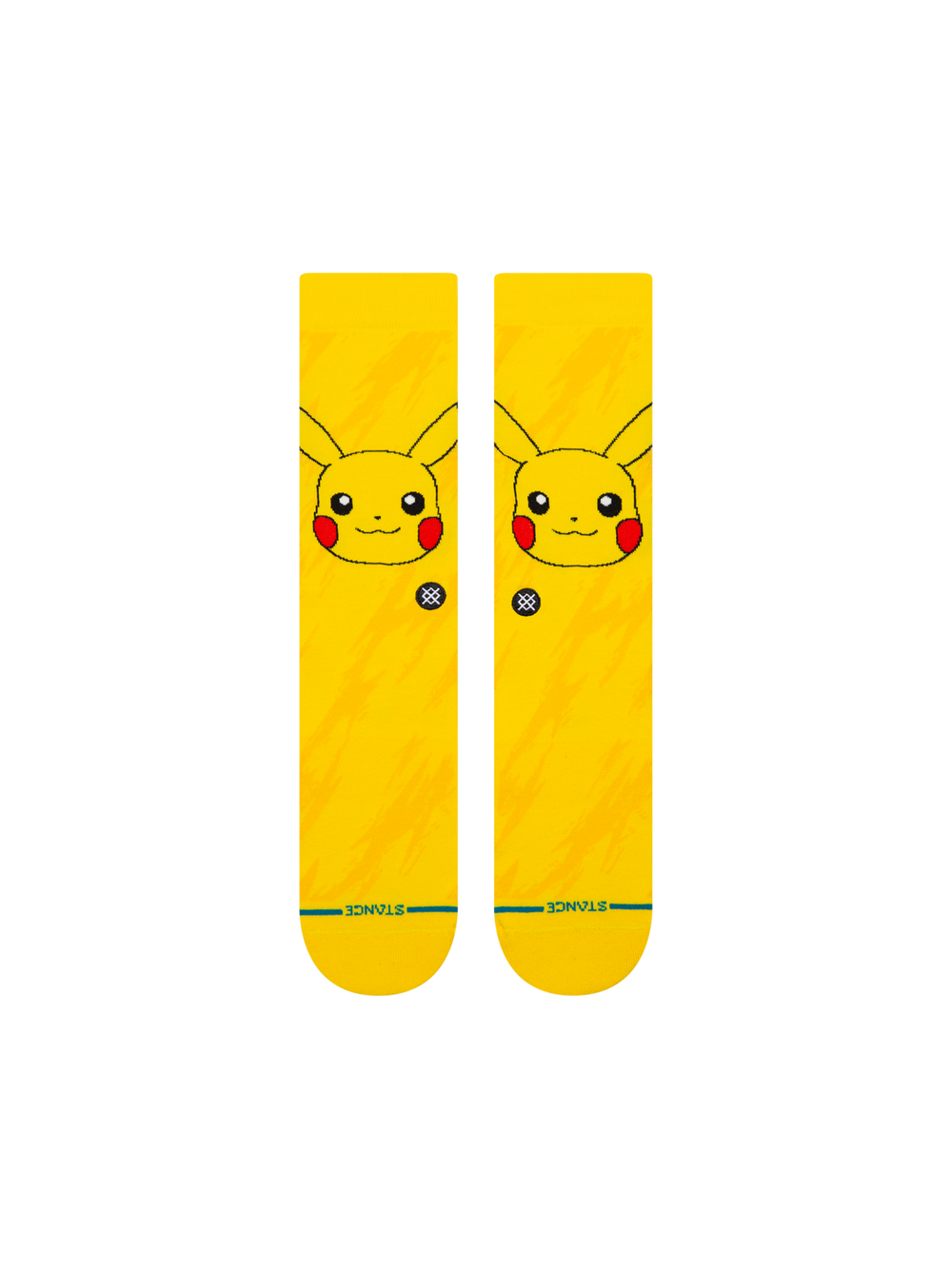 Women's Pikachu Bolt crew socks in yellow with Pikachu's face and tonal lightning bolts, flat front view of the pair