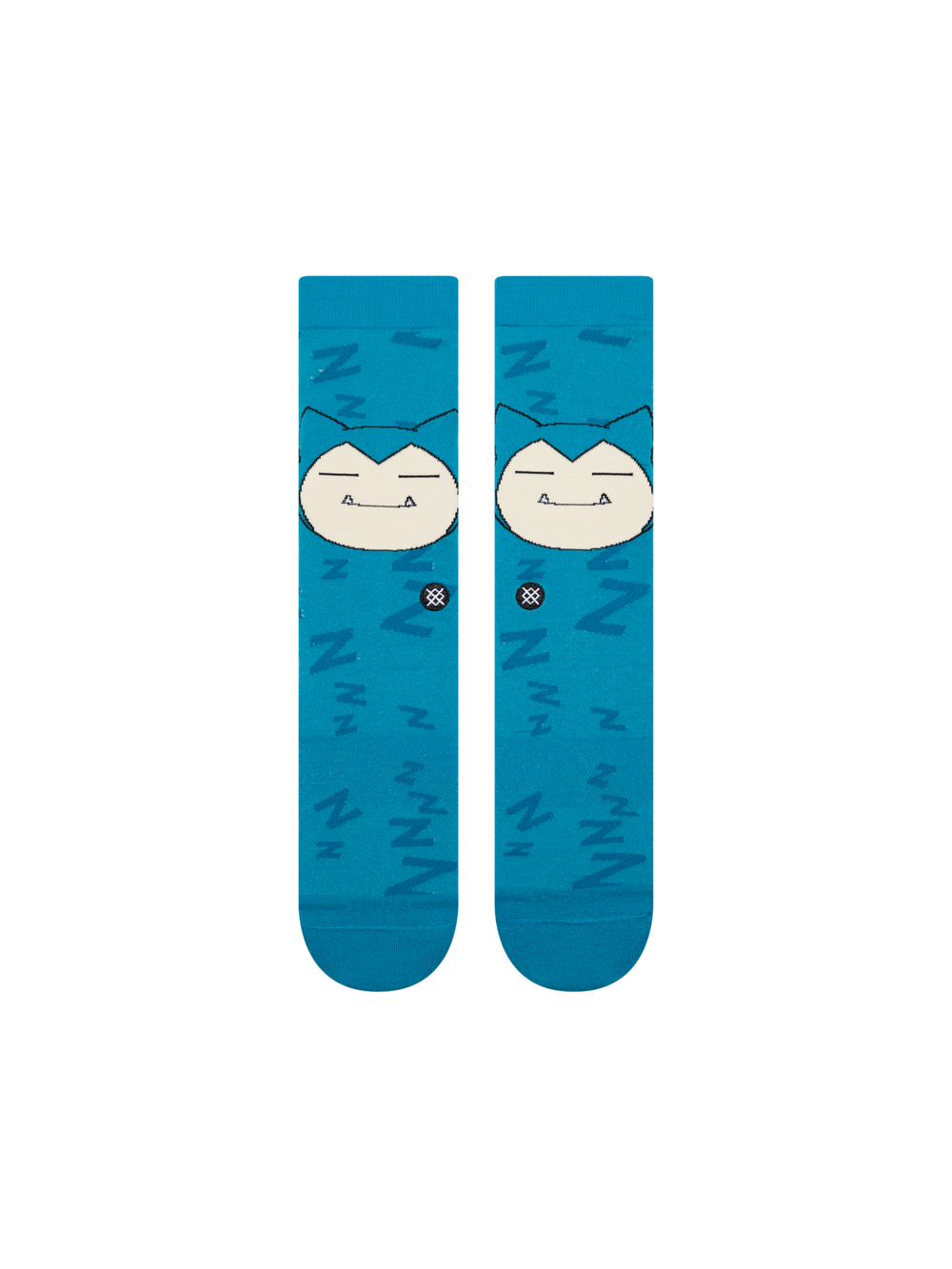 Men's Snorlax Sleepy crew socks in teal-blue with a sleeping Snorlax face and tonal Zzz pattern, flat front view of the pair