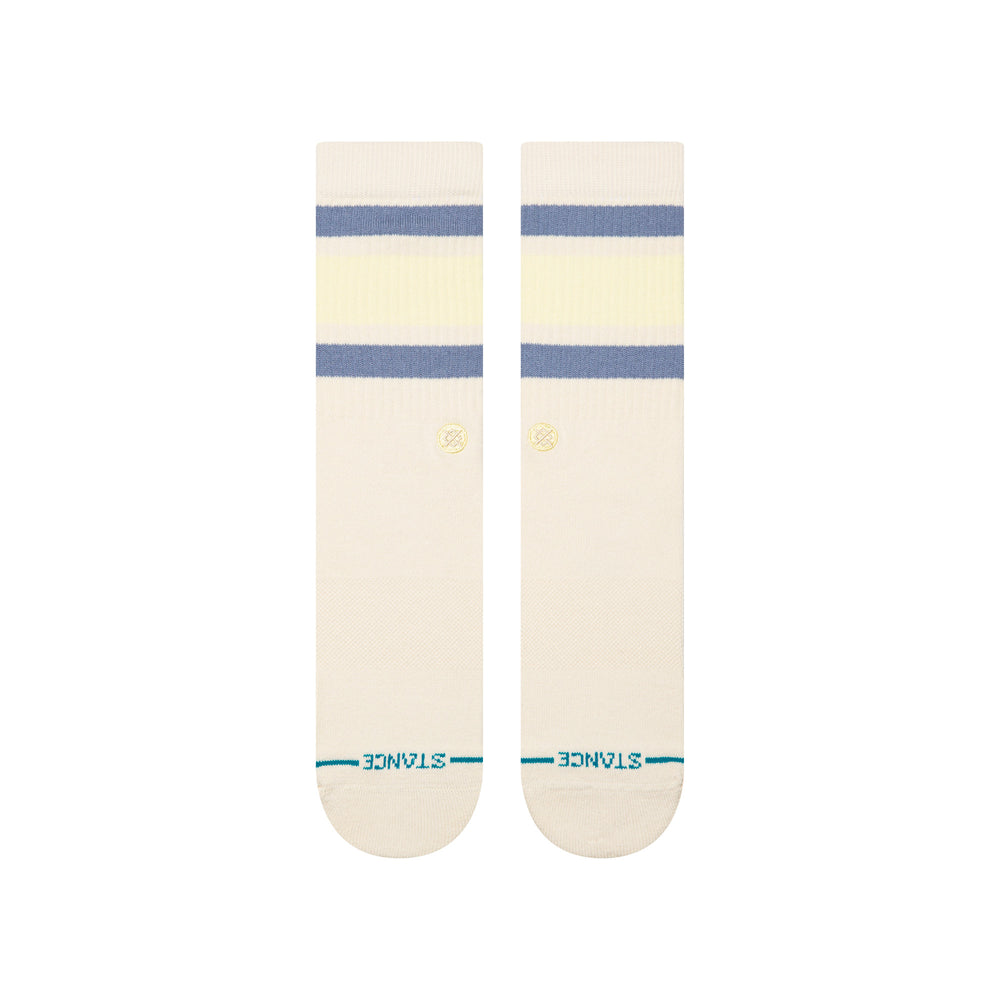 Men's cream crew socks with blue and yellow stripes, flat back view