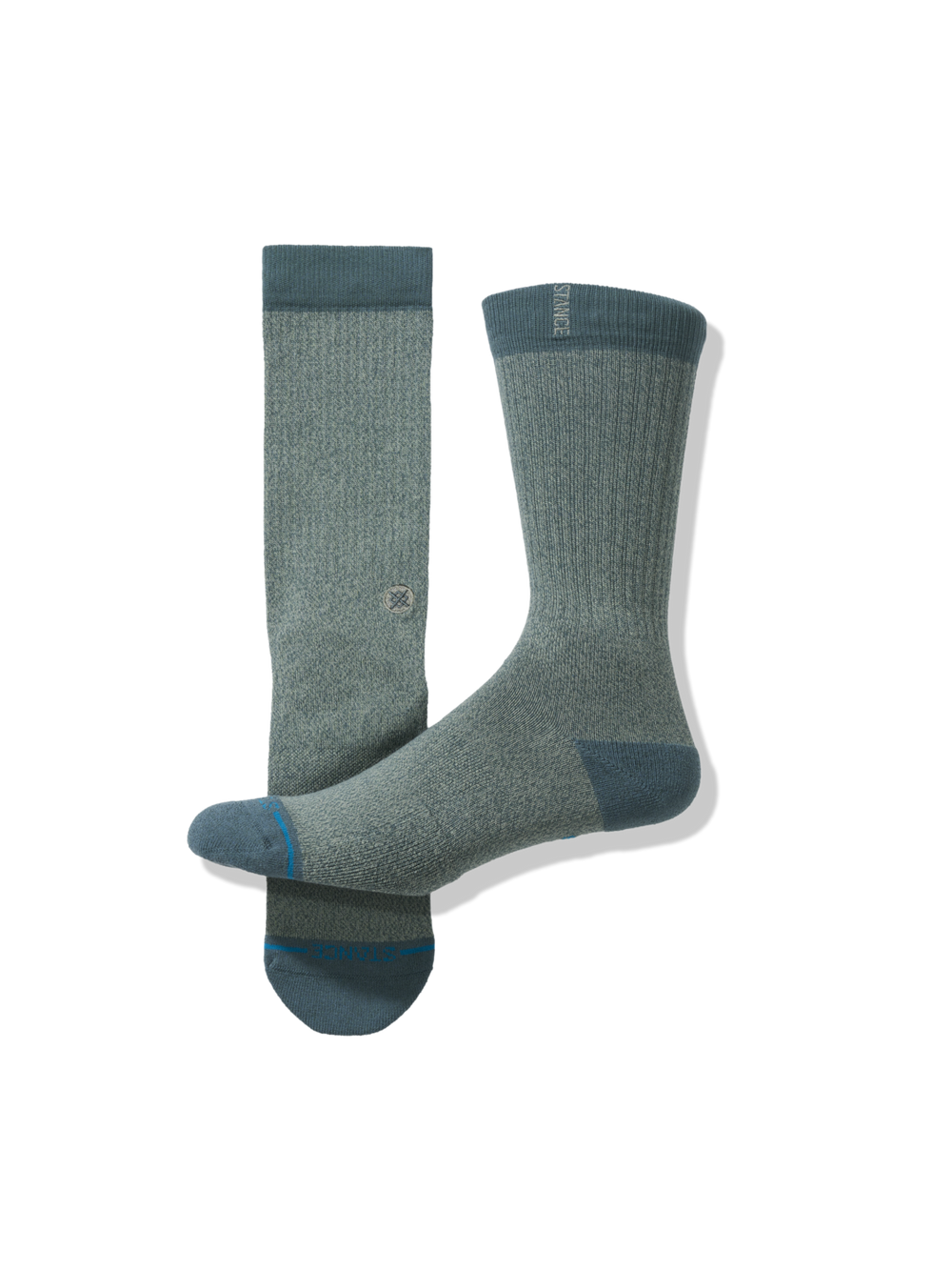 Women's Shelter crew socks in solid heathered sea-green with a darker teal cuff, heel, and toe, single sock full view